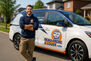 Technicien Beau-frère à louer debout devant la camionnette de service, représentant le Club Beau-frère à louer – plan d’entretien résidentiel au Québec.