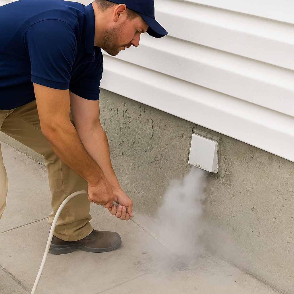 Technicien Beau-frère à louer en train de nettoyer un conduit de sécheuse à l’extérieur d’une maison résidentielle au Québec avec un équipement professionnel, de la poussière visible autour de la sortie d’air.