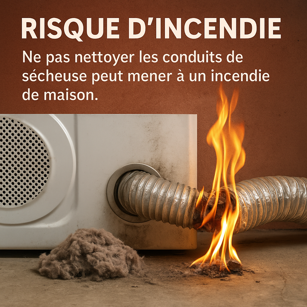 Conduit de sécheuse obstrué avec charpie en feu — illustration du risque d’incendie domestique causé par un manque d’entretien. Service de nettoyage Beau-frère à louer à Montréal.