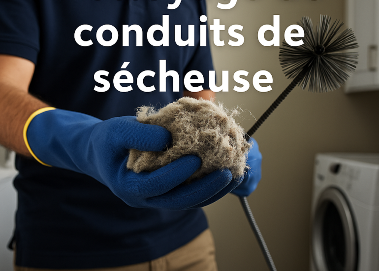 Technicien Beau-frère à louer en uniforme bleu nettoyant un conduit de sécheuse avec une brosse rotative, tenant de la charpie dans une buanderie résidentielle au Québec.