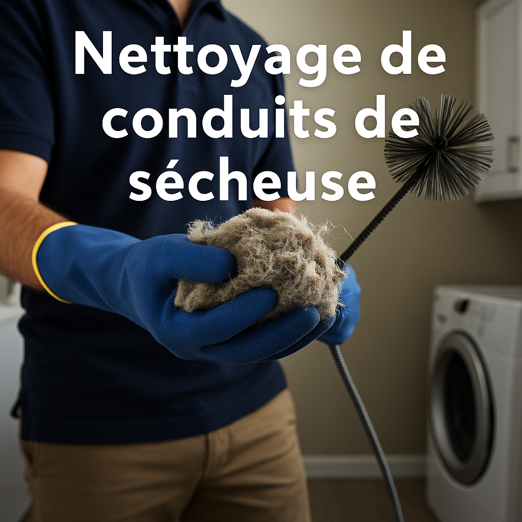 Technicien Beau-frère à louer en uniforme bleu nettoyant un conduit de sécheuse avec une brosse rotative, tenant de la charpie dans une buanderie résidentielle au Québec.