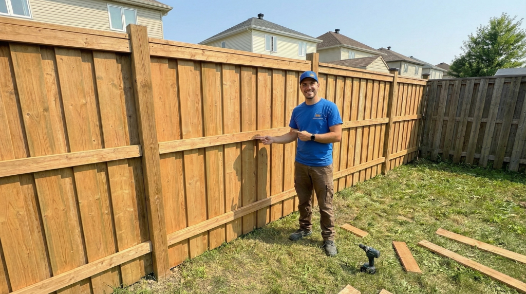 Techniciens devant une clôture en bois